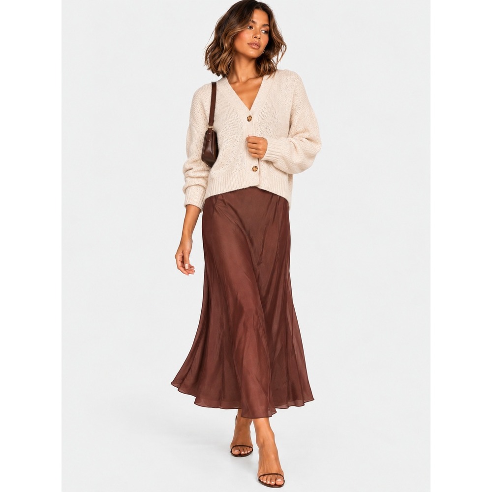 Hale Bob Chocolate Brown 100% Silk Midi Slip Dress V-Neck Adjustable Straps S